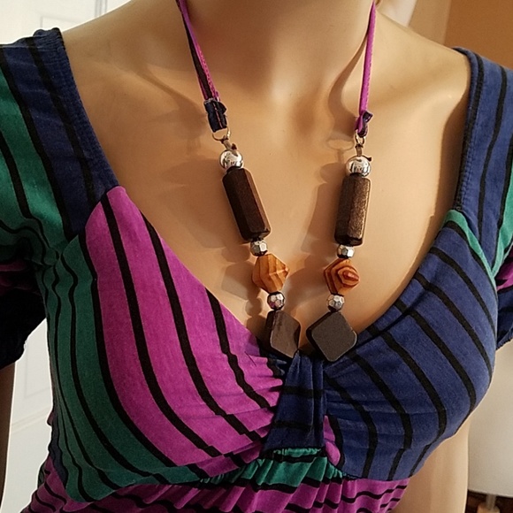 Multi Colored Striped Top w/ Beaded Halter - Picture 2 of 7